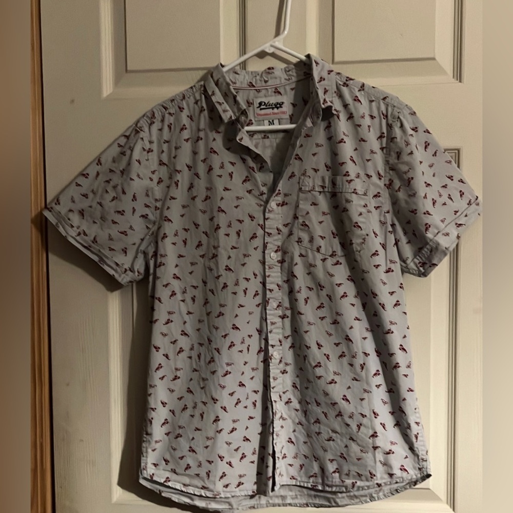 Plugg button down shirt, size medium, gray with red lobster